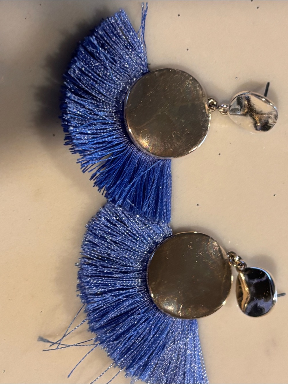 Blue Tassel Disc Drop Earrings - , Silver Accent